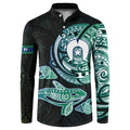 Whale and Dhari Torres Strait Islands Button Sweatshirt Deep Green Oceanic Tribal Pattern Art