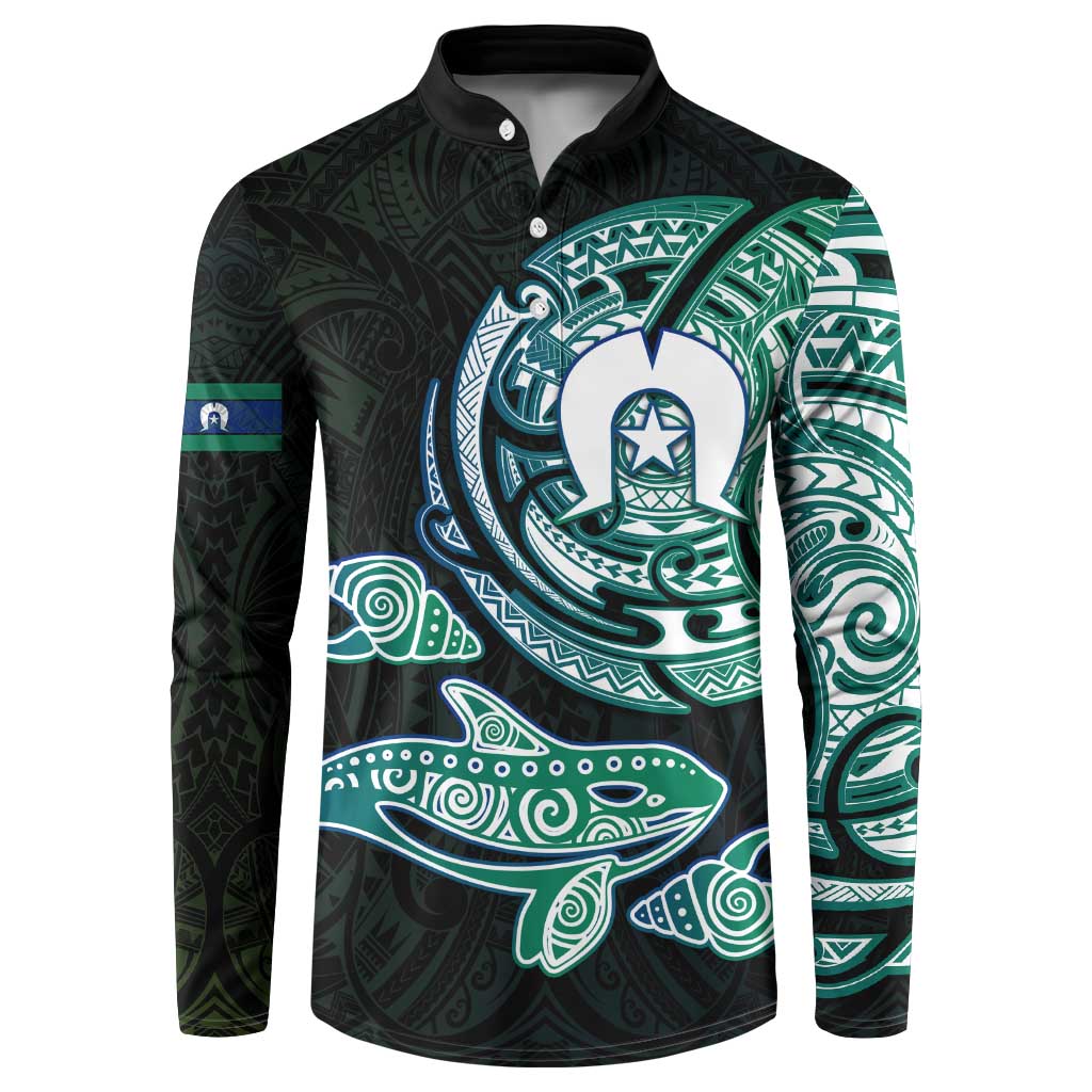 Whale and Dhari Torres Strait Islands Button Sweatshirt Deep Green Oceanic Tribal Pattern Art