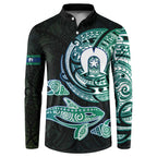 Whale and Dhari Torres Strait Islands Button Sweatshirt Deep Green Oceanic Tribal Pattern Art