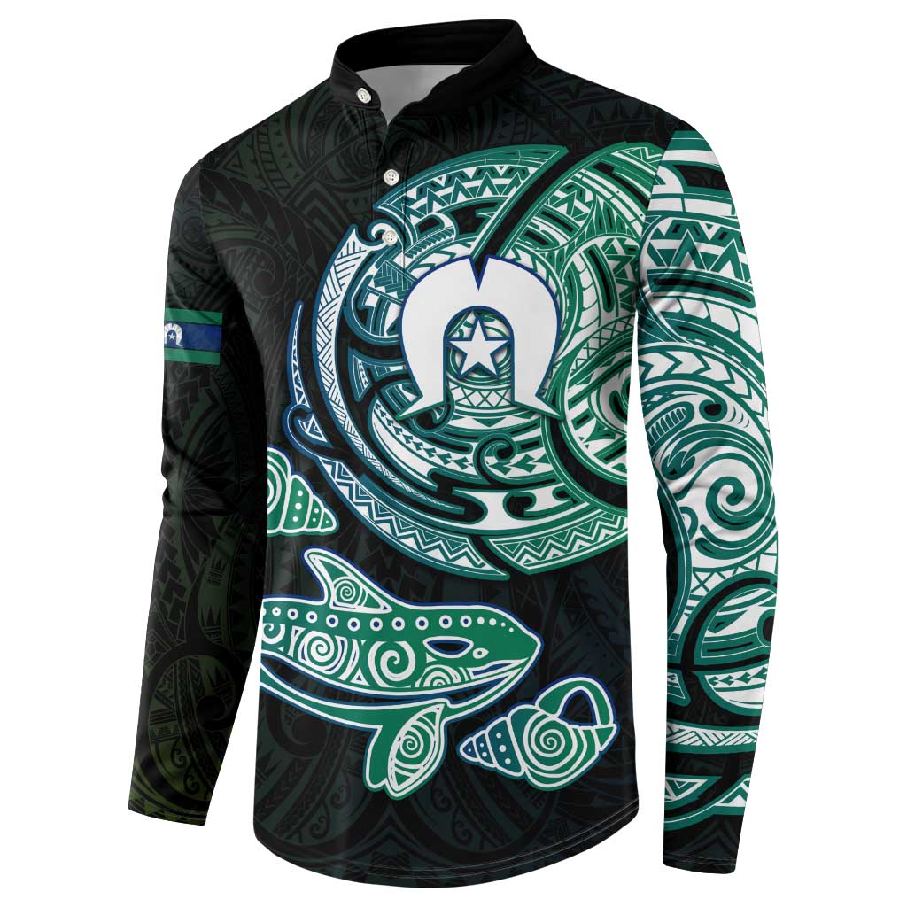 Whale and Dhari Torres Strait Islands Button Sweatshirt Deep Green Oceanic Tribal Pattern Art