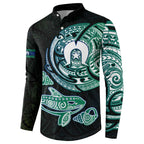 Whale and Dhari Torres Strait Islands Button Sweatshirt Deep Green Oceanic Tribal Pattern Art
