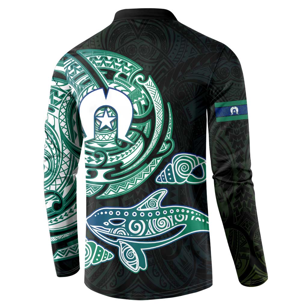Whale and Dhari Torres Strait Islands Button Sweatshirt Deep Green Oceanic Tribal Pattern Art