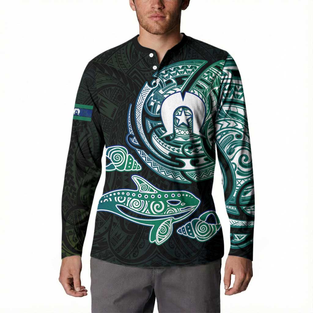 Whale and Dhari Torres Strait Islands Button Sweatshirt Deep Green Oceanic Tribal Pattern Art