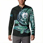 Whale and Dhari Torres Strait Islands Button Sweatshirt Deep Green Oceanic Tribal Pattern Art