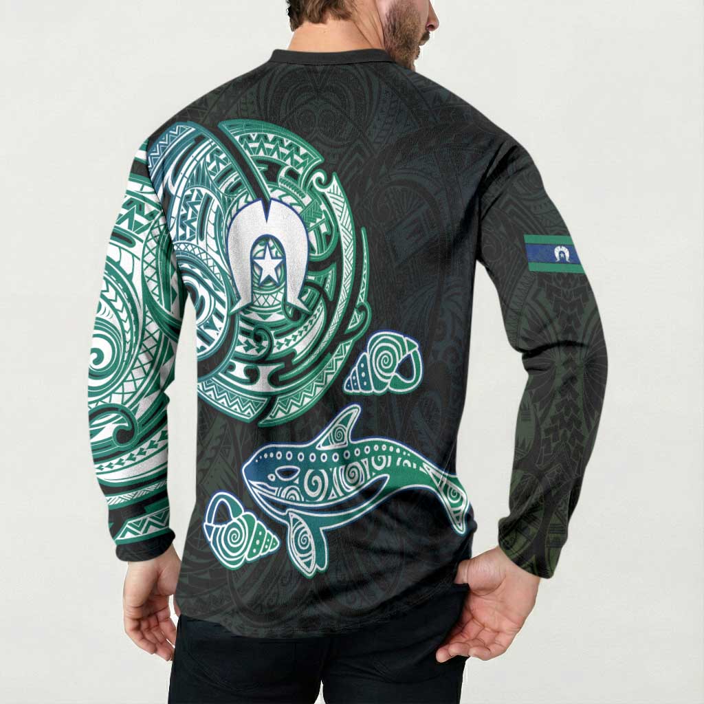 Whale and Dhari Torres Strait Islands Button Sweatshirt Deep Green Oceanic Tribal Pattern Art