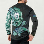 Whale and Dhari Torres Strait Islands Button Sweatshirt Deep Green Oceanic Tribal Pattern Art
