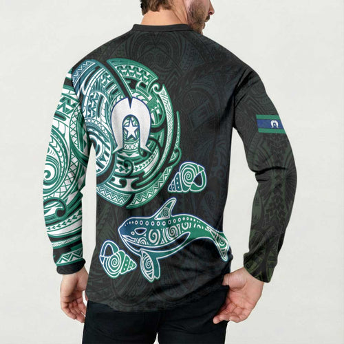 Whale and Dhari Torres Strait Islands Button Sweatshirt Deep Green Oceanic Tribal Pattern Art