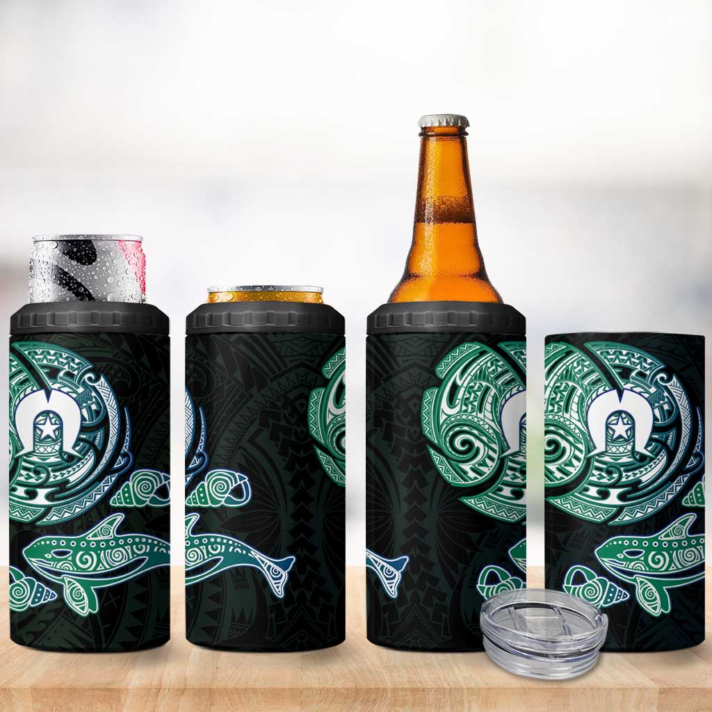 Whale and Dhari Torres Strait Islands 4 in 1 Can Cooler Tumbler Deep Green Oceanic Tribal Pattern Art