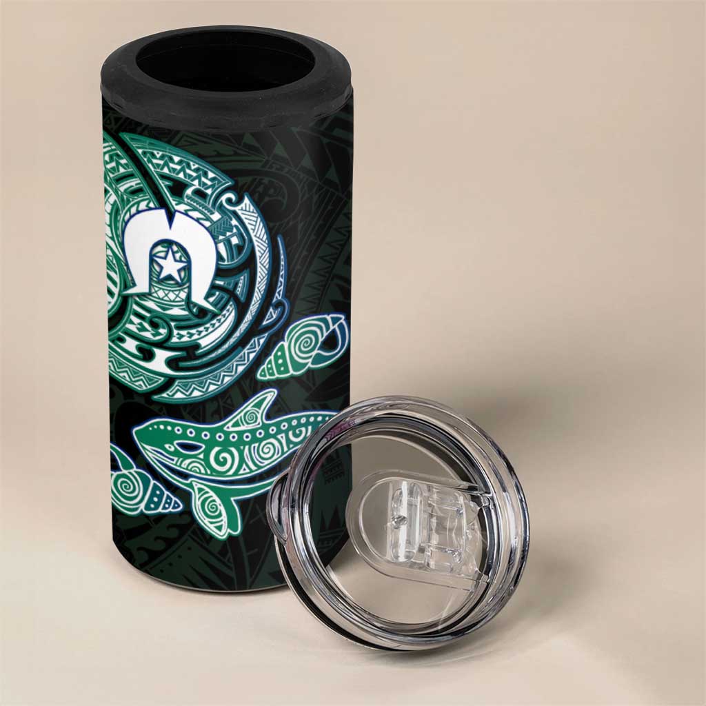 Whale and Dhari Torres Strait Islands 4 in 1 Can Cooler Tumbler Deep Green Oceanic Tribal Pattern Art