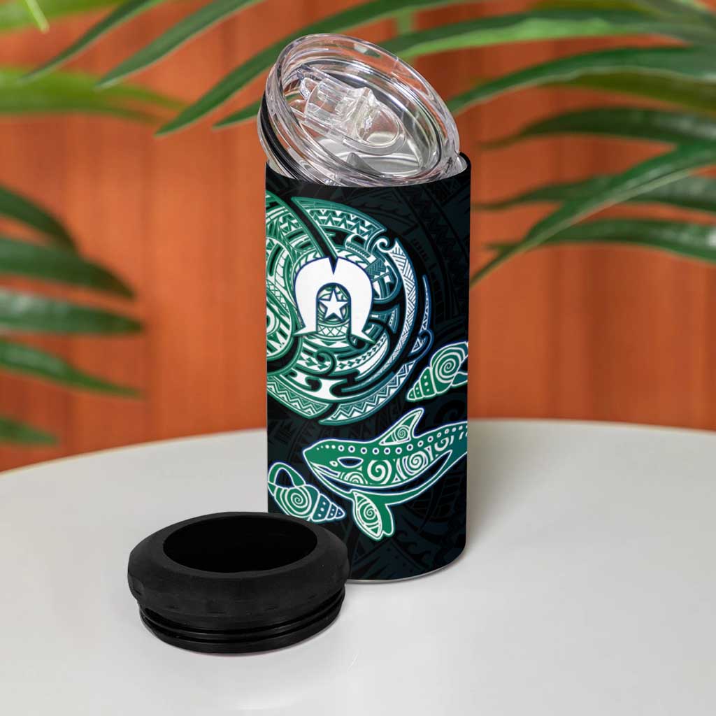 Whale and Dhari Torres Strait Islands 4 in 1 Can Cooler Tumbler Deep Green Oceanic Tribal Pattern Art