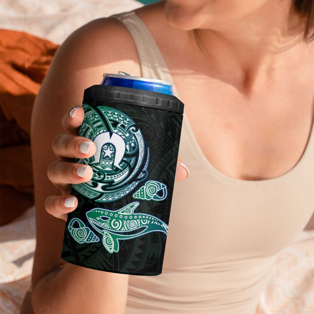 Whale and Dhari Torres Strait Islands 4 in 1 Can Cooler Tumbler Deep Green Oceanic Tribal Pattern Art