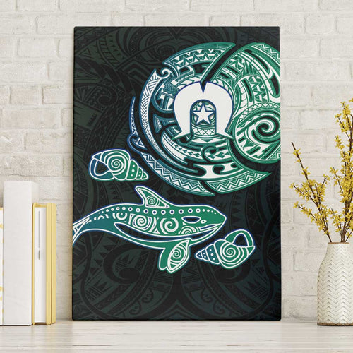 Whale and Dhari Torres Strait Islands Canvas Wall Art Deep Green Oceanic Tribal Pattern Art