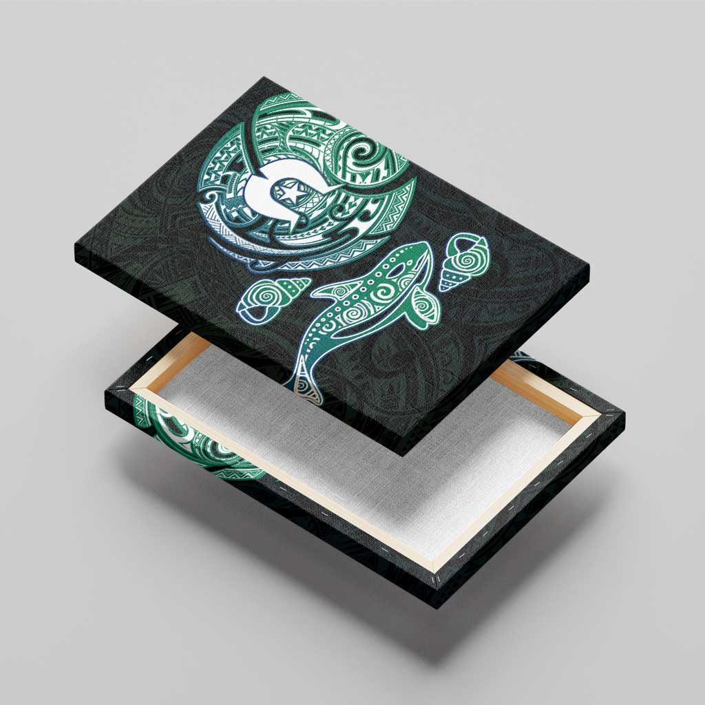 Whale and Dhari Torres Strait Islands Canvas Wall Art Deep Green Oceanic Tribal Pattern Art
