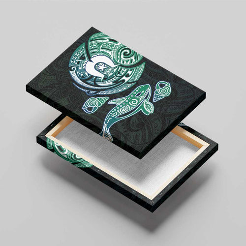Whale and Dhari Torres Strait Islands Canvas Wall Art Deep Green Oceanic Tribal Pattern Art