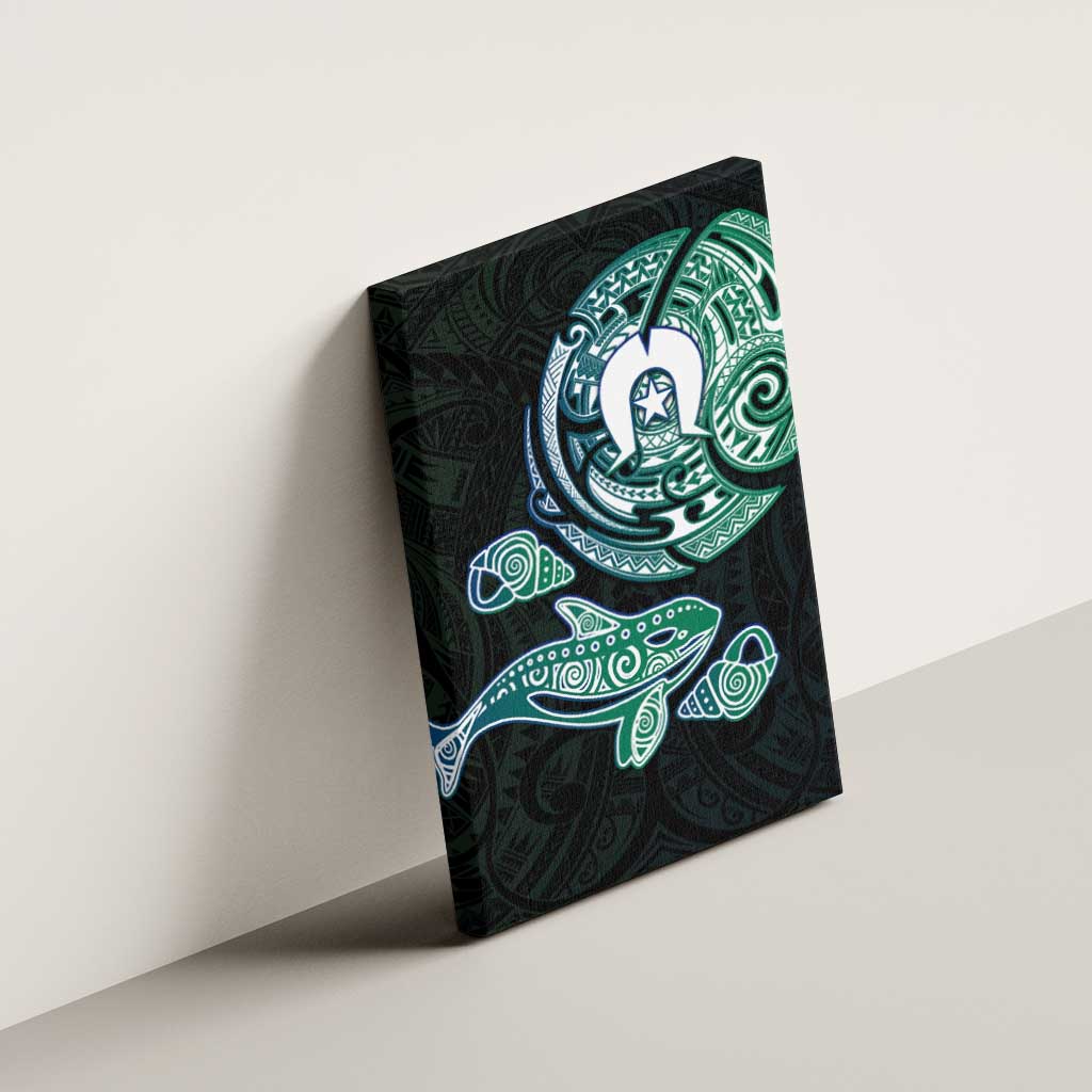 Whale and Dhari Torres Strait Islands Canvas Wall Art Deep Green Oceanic Tribal Pattern Art