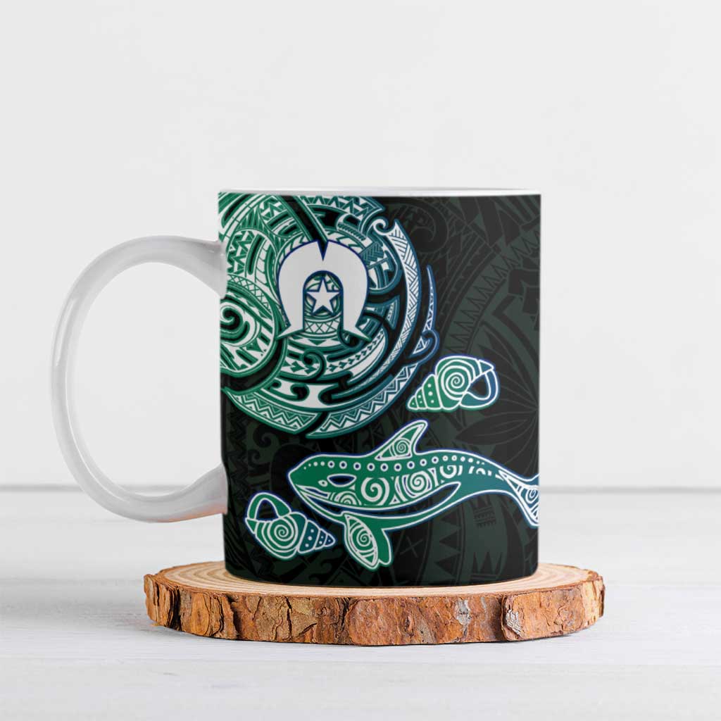 Whale and Dhari Torres Strait Islands Ceramic Mug Deep Green Oceanic Tribal Pattern Art