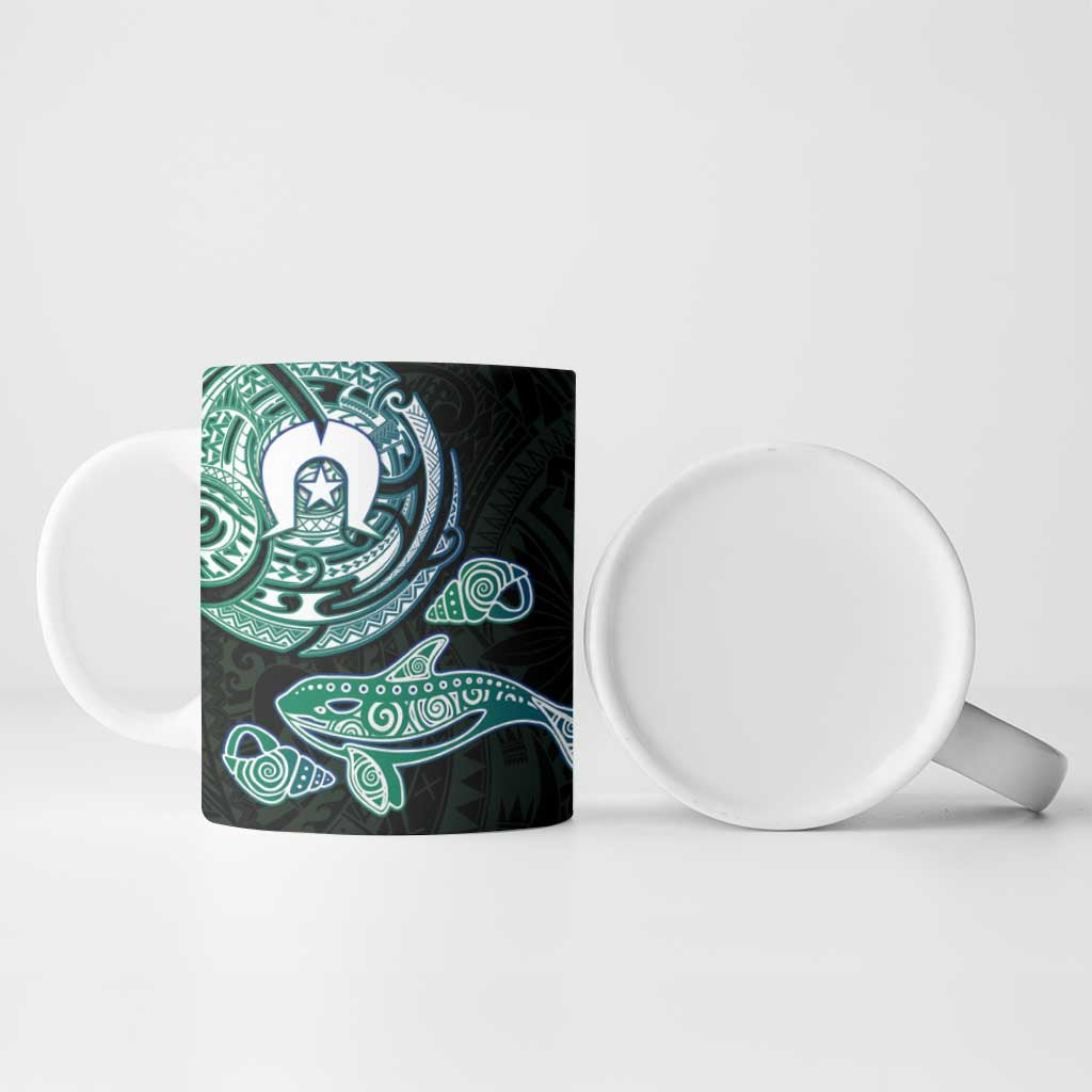 Whale and Dhari Torres Strait Islands Ceramic Mug Deep Green Oceanic Tribal Pattern Art
