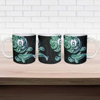 Whale and Dhari Torres Strait Islands Ceramic Mug Deep Green Oceanic Tribal Pattern Art