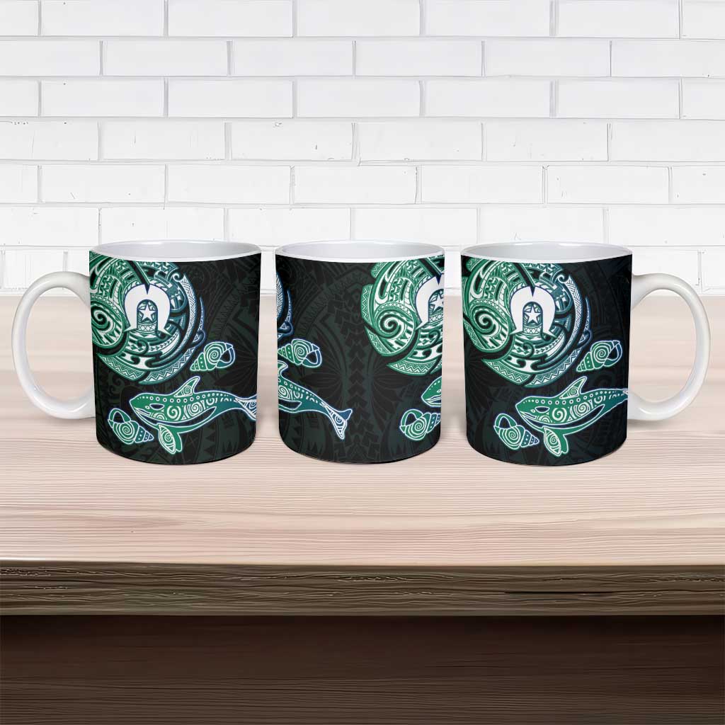 Whale and Dhari Torres Strait Islands Ceramic Mug Deep Green Oceanic Tribal Pattern Art