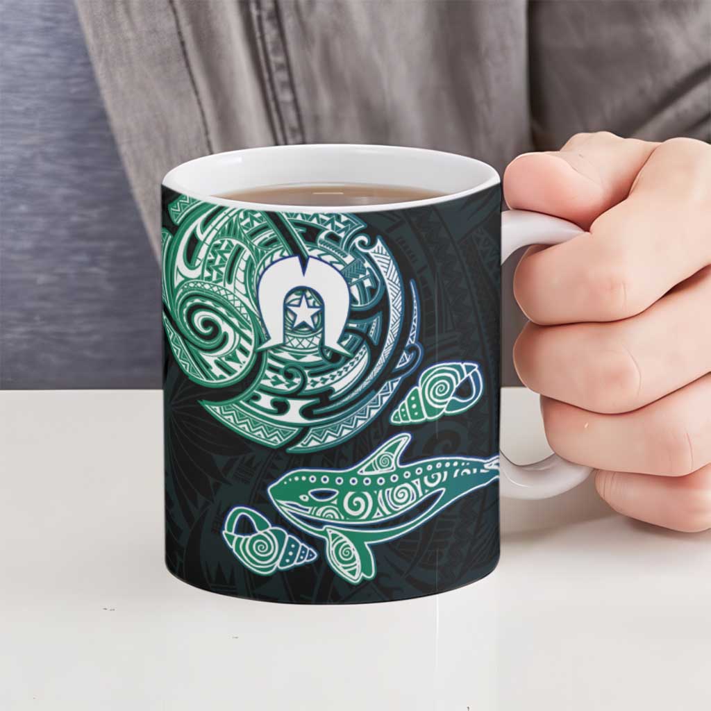 Whale and Dhari Torres Strait Islands Ceramic Mug Deep Green Oceanic Tribal Pattern Art