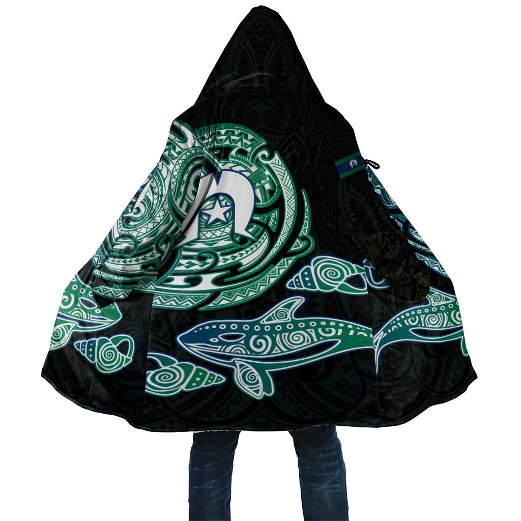 Whale and Dhari Torres Strait Islands Cloak Deep Green Oceanic Tribal Pattern Art