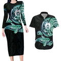 Whale and Dhari Torres Strait Islands Couples Matching Long Sleeve Bodycon Dress and Hawaiian Shirt Deep Green Oceanic Tribal Pattern Art