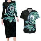 Whale and Dhari Torres Strait Islands Couples Matching Long Sleeve Bodycon Dress and Hawaiian Shirt Deep Green Oceanic Tribal Pattern Art