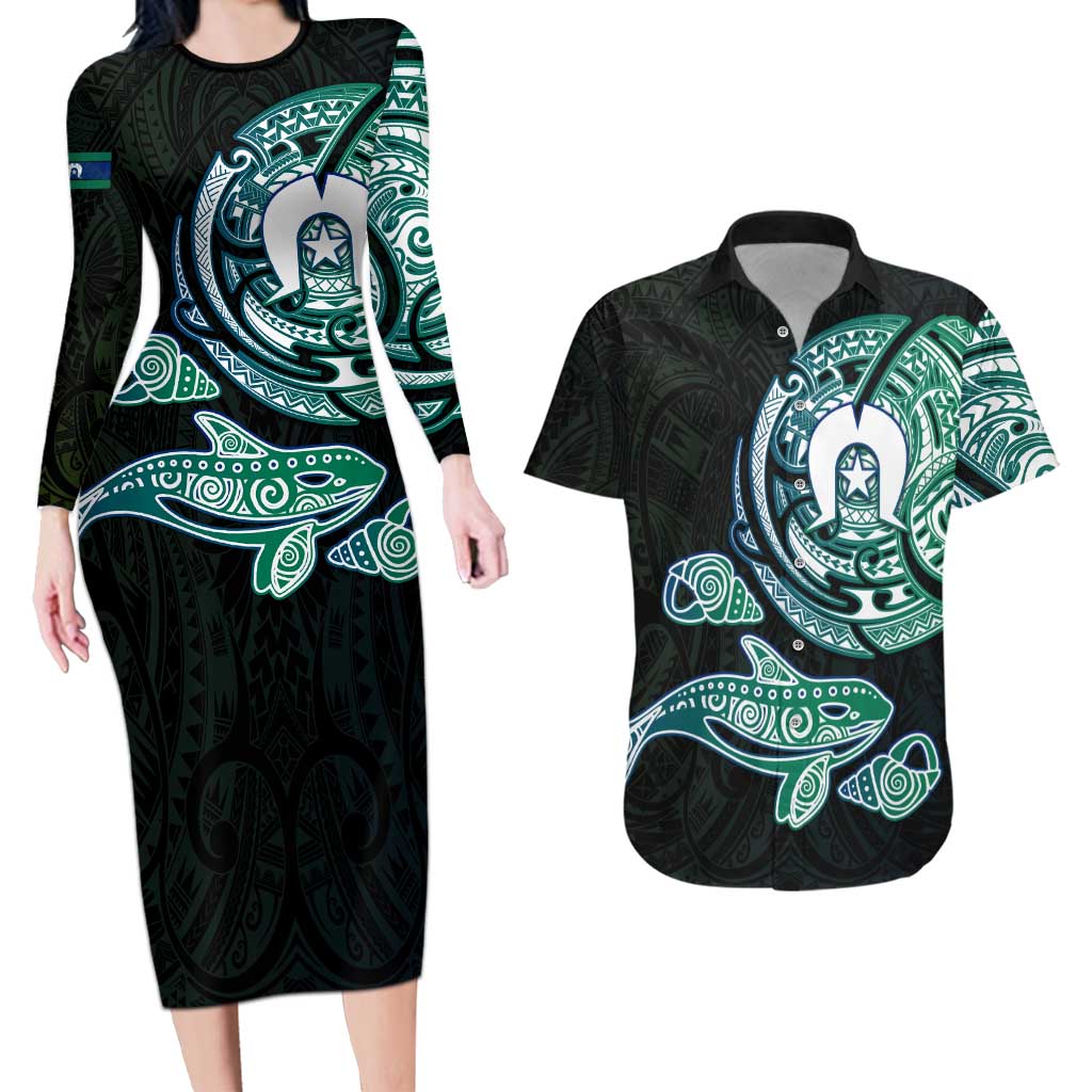Whale and Dhari Torres Strait Islands Couples Matching Long Sleeve Bodycon Dress and Hawaiian Shirt Deep Green Oceanic Tribal Pattern Art