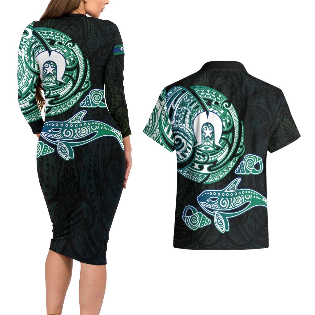 Whale and Dhari Torres Strait Islands Couples Matching Long Sleeve Bodycon Dress and Hawaiian Shirt Deep Green Oceanic Tribal Pattern Art
