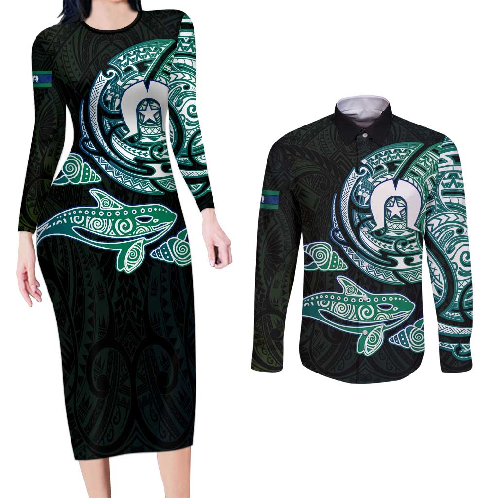 Whale and Dhari Torres Strait Islands Couples Matching Long Sleeve Bodycon Dress and Long Sleeve Button Shirt Deep Green Oceanic Tribal Pattern Art