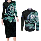 Whale and Dhari Torres Strait Islands Couples Matching Long Sleeve Bodycon Dress and Long Sleeve Button Shirt Deep Green Oceanic Tribal Pattern Art
