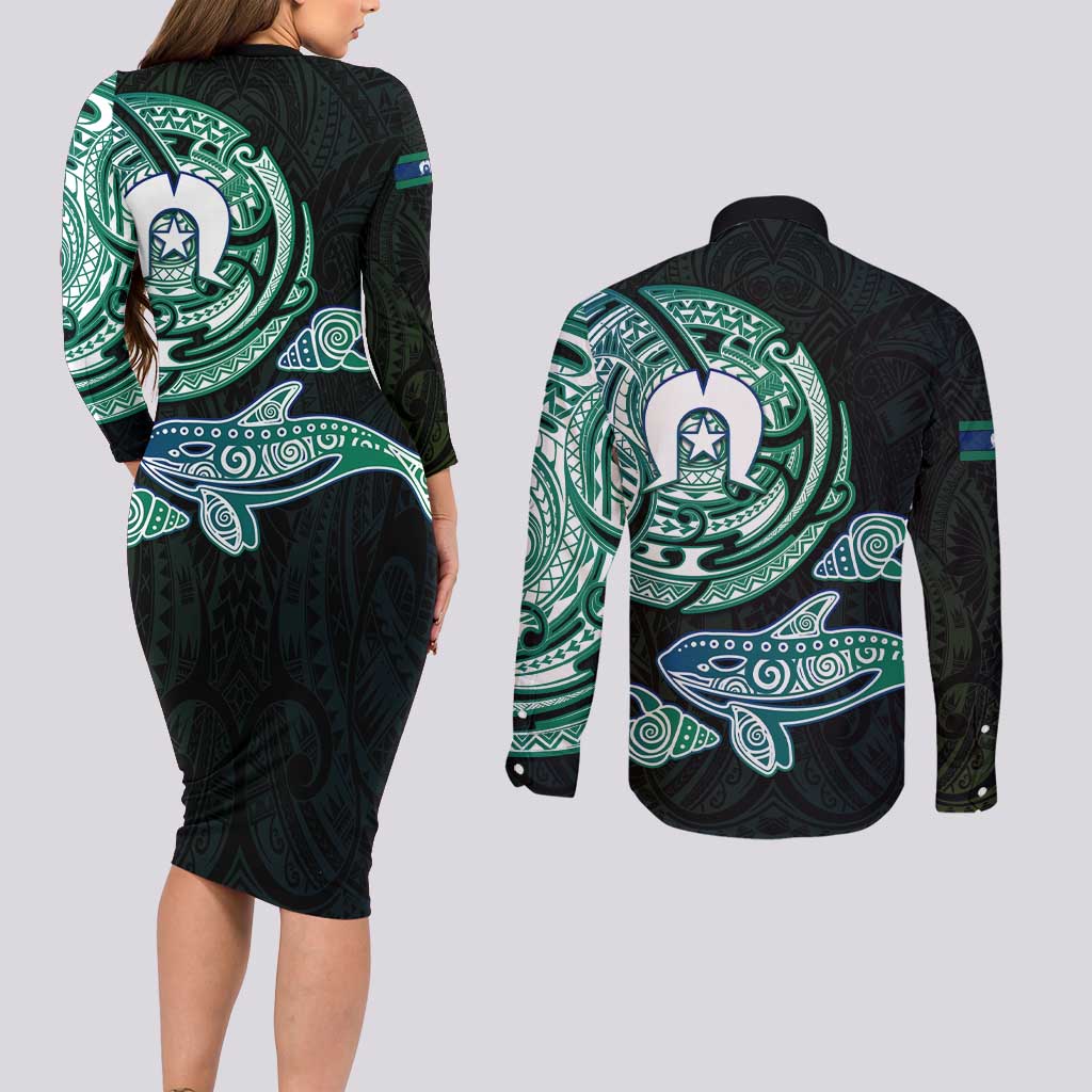 Whale and Dhari Torres Strait Islands Couples Matching Long Sleeve Bodycon Dress and Long Sleeve Button Shirt Deep Green Oceanic Tribal Pattern Art