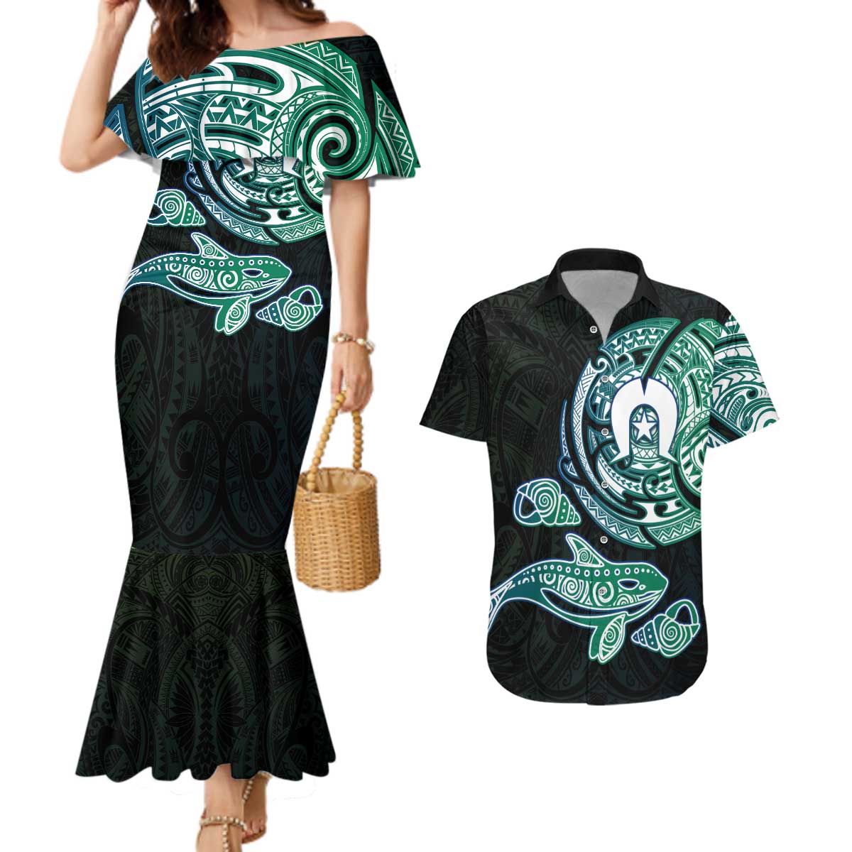 Whale and Dhari Torres Strait Islands Couples Matching Mermaid Dress and Hawaiian Shirt Deep Green Oceanic Tribal Pattern Art