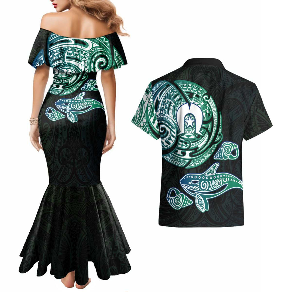 Whale and Dhari Torres Strait Islands Couples Matching Mermaid Dress and Hawaiian Shirt Deep Green Oceanic Tribal Pattern Art