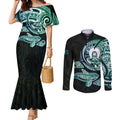 Whale and Dhari Torres Strait Islands Couples Matching Mermaid Dress and Long Sleeve Button Shirt Deep Green Oceanic Tribal Pattern Art