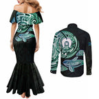 Whale and Dhari Torres Strait Islands Couples Matching Mermaid Dress and Long Sleeve Button Shirt Deep Green Oceanic Tribal Pattern Art