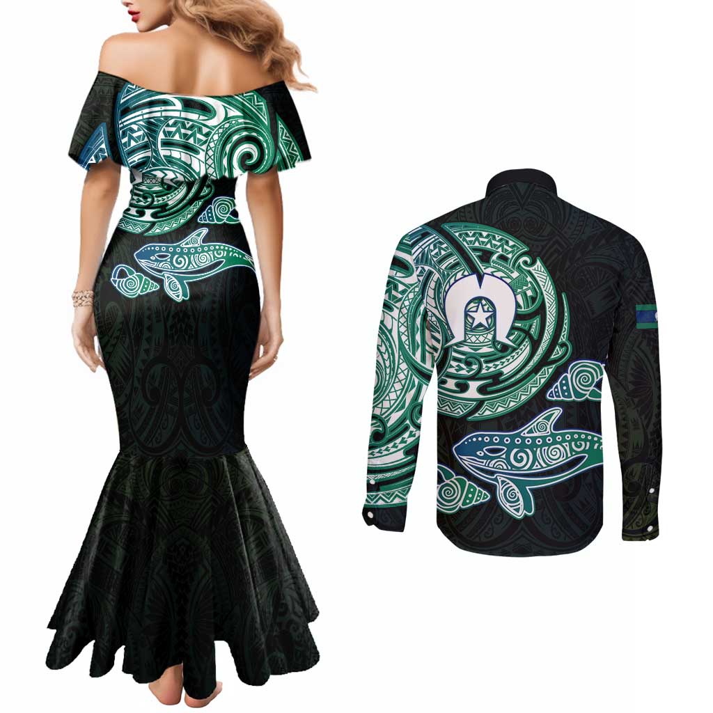 Whale and Dhari Torres Strait Islands Couples Matching Mermaid Dress and Long Sleeve Button Shirt Deep Green Oceanic Tribal Pattern Art