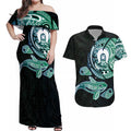 Whale and Dhari Torres Strait Islands Couples Matching Off Shoulder Maxi Dress and Hawaiian Shirt Deep Green Oceanic Tribal Pattern Art
