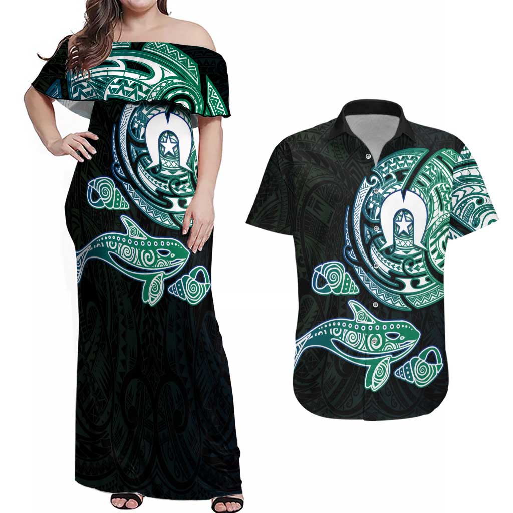 Whale and Dhari Torres Strait Islands Couples Matching Off Shoulder Maxi Dress and Hawaiian Shirt Deep Green Oceanic Tribal Pattern Art