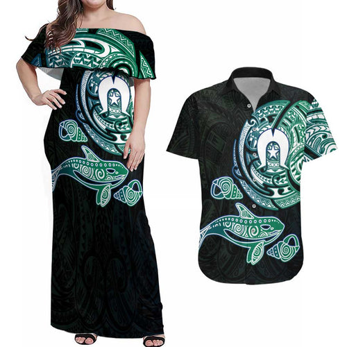 Whale and Dhari Torres Strait Islands Couples Matching Off Shoulder Maxi Dress and Hawaiian Shirt Deep Green Oceanic Tribal Pattern Art