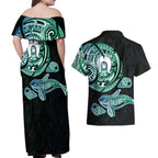 Whale and Dhari Torres Strait Islands Couples Matching Off Shoulder Maxi Dress and Hawaiian Shirt Deep Green Oceanic Tribal Pattern Art
