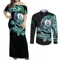 Whale and Dhari Torres Strait Islands Couples Matching Off Shoulder Maxi Dress and Long Sleeve Button Shirt Deep Green Oceanic Tribal Pattern Art
