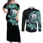 Whale and Dhari Torres Strait Islands Couples Matching Off Shoulder Maxi Dress and Long Sleeve Button Shirt Deep Green Oceanic Tribal Pattern Art