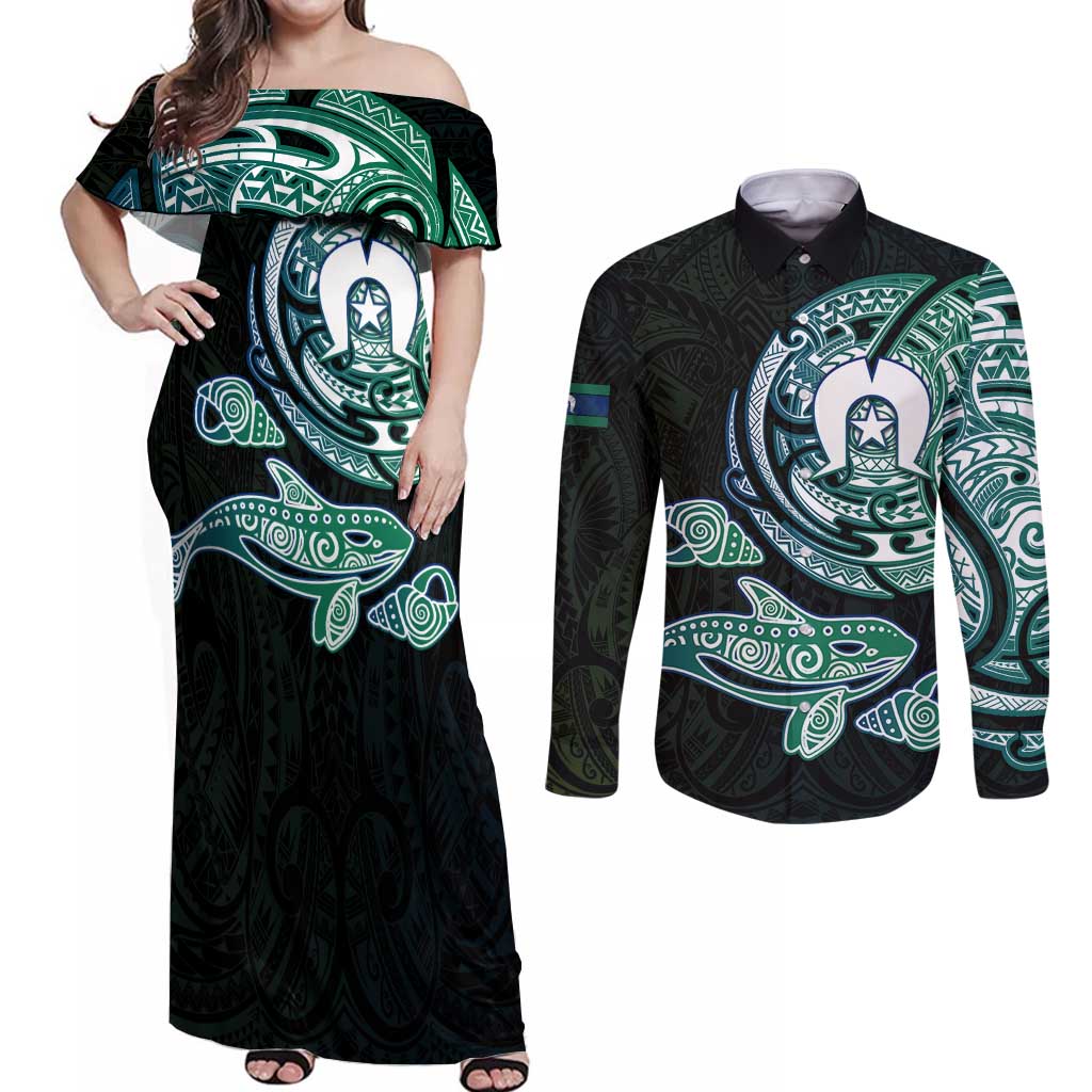 Whale and Dhari Torres Strait Islands Couples Matching Off Shoulder Maxi Dress and Long Sleeve Button Shirt Deep Green Oceanic Tribal Pattern Art