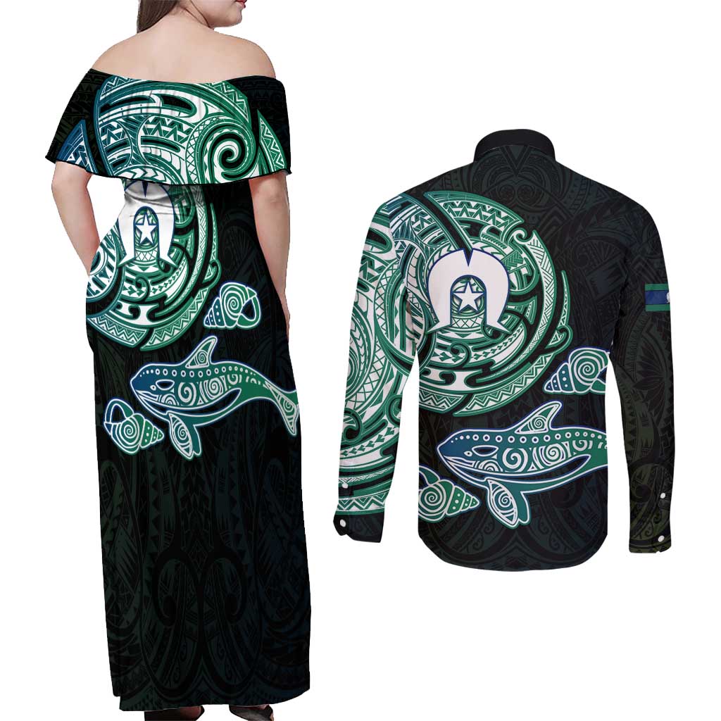 Whale and Dhari Torres Strait Islands Couples Matching Off Shoulder Maxi Dress and Long Sleeve Button Shirt Deep Green Oceanic Tribal Pattern Art
