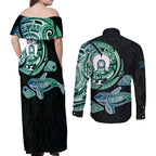 Whale and Dhari Torres Strait Islands Couples Matching Off Shoulder Maxi Dress and Long Sleeve Button Shirt Deep Green Oceanic Tribal Pattern Art