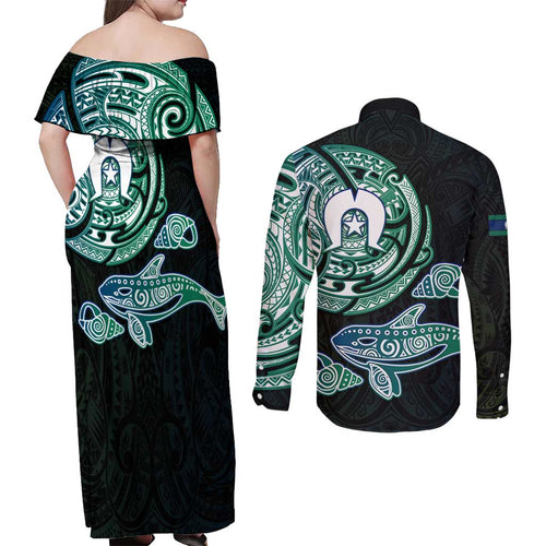 Whale and Dhari Torres Strait Islands Couples Matching Off Shoulder Maxi Dress and Long Sleeve Button Shirt Deep Green Oceanic Tribal Pattern Art