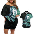 Whale and Dhari Torres Strait Islands Couples Matching Off Shoulder Short Dress and Hawaiian Shirt Deep Green Oceanic Tribal Pattern Art
