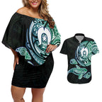 Whale and Dhari Torres Strait Islands Couples Matching Off Shoulder Short Dress and Hawaiian Shirt Deep Green Oceanic Tribal Pattern Art