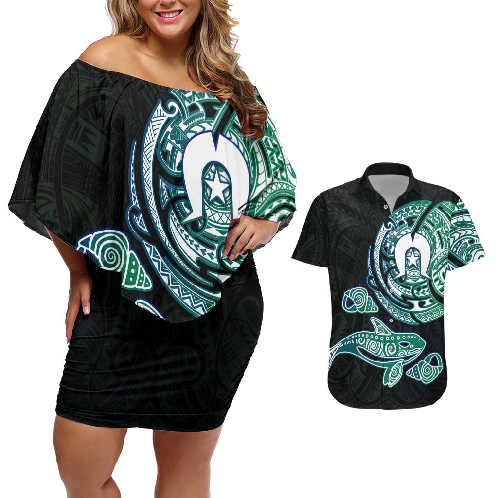Whale and Dhari Torres Strait Islands Couples Matching Off Shoulder Short Dress and Hawaiian Shirt Deep Green Oceanic Tribal Pattern Art